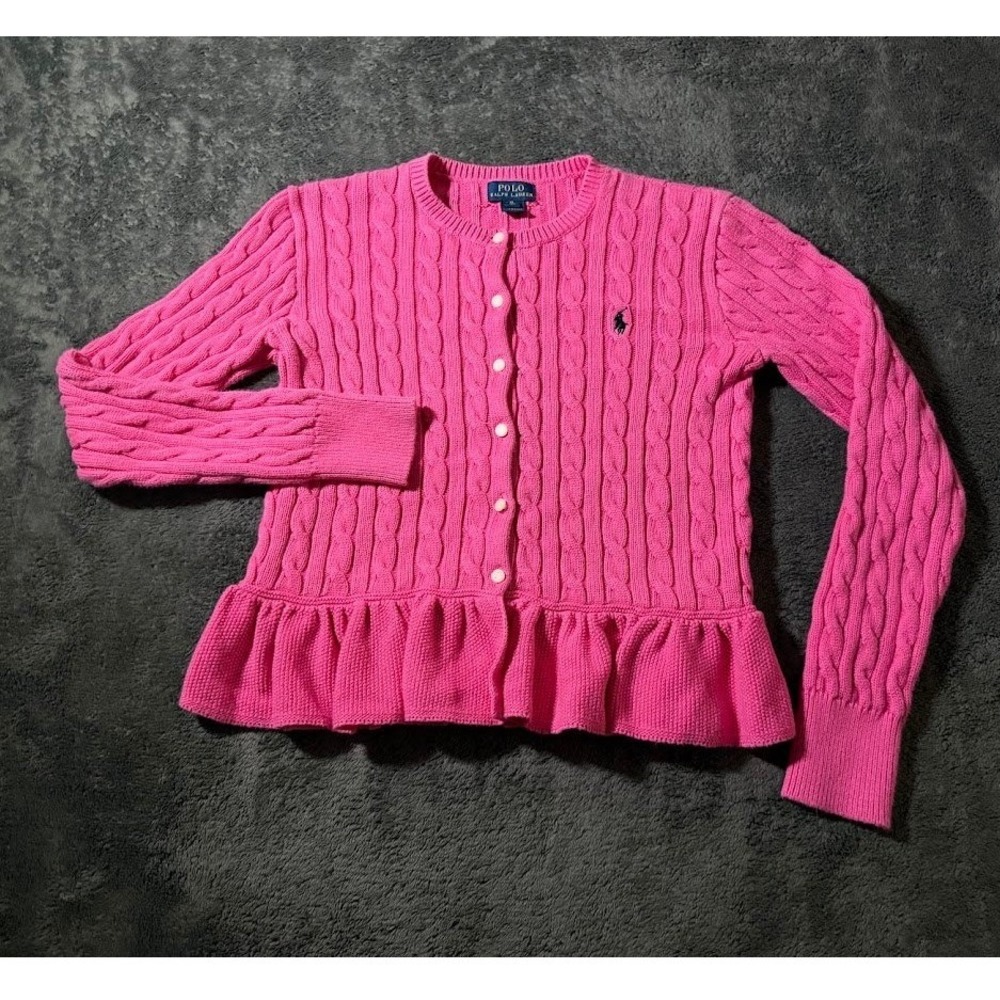 Polo Ralph Lauren Girls XL 16 Pink Cable Knit Peplum Cardigan Sweater Pony Logo